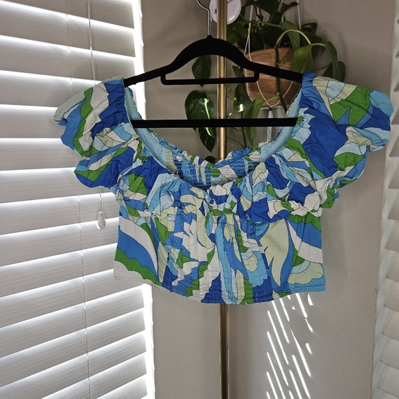 Maeve By Anthropologie Blue and Green Leaf Print Crop Top - Picture 2 of 7